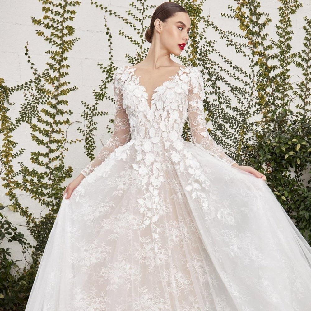 NEW Bridal LONG OFF-WHITE NUDE DRESS SLEEVE APPLIQUE VAINE WEDDING GOWN A1067W